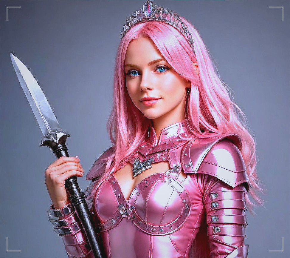 Warrior princess in pink armor with sword and tiara