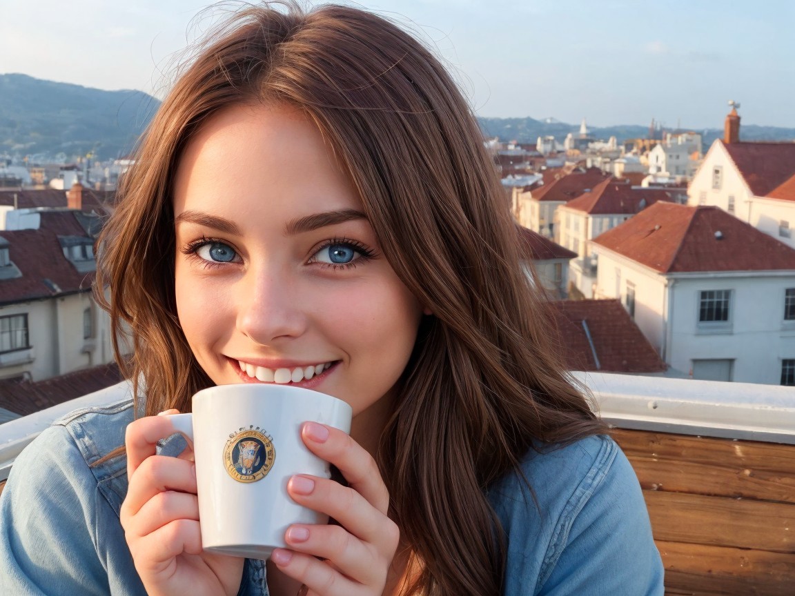 Young Woman Smiling with Coffee in Cityscape Setting