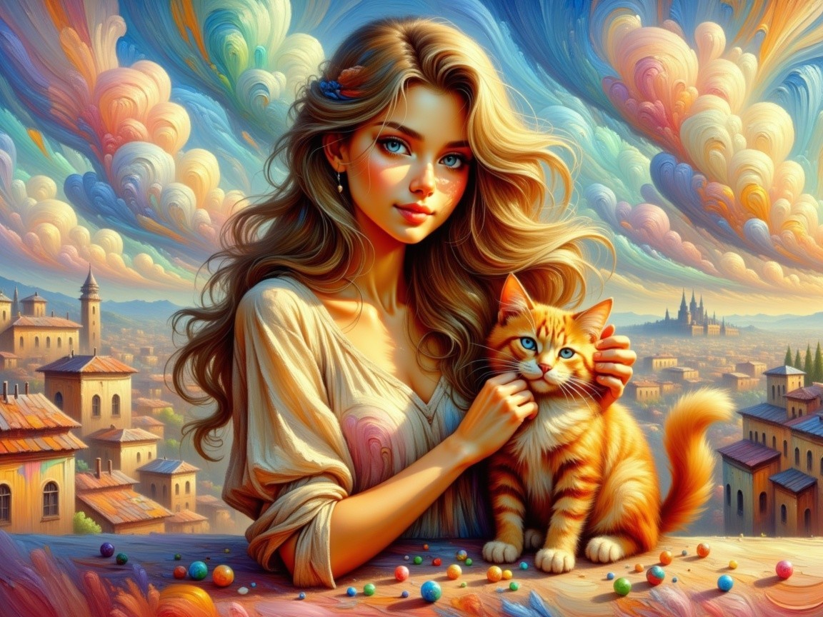 Young woman with cat in vibrant, dreamy setting