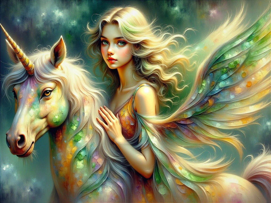 Ethereal Woman and Unicorn in Mystical Landscape