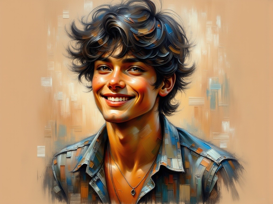 Cheerful young man with bright smile and patterned shirt