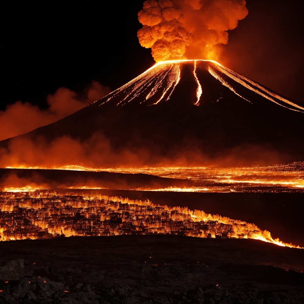 Erupting Volcano at Night with Lava and Ash Clouds