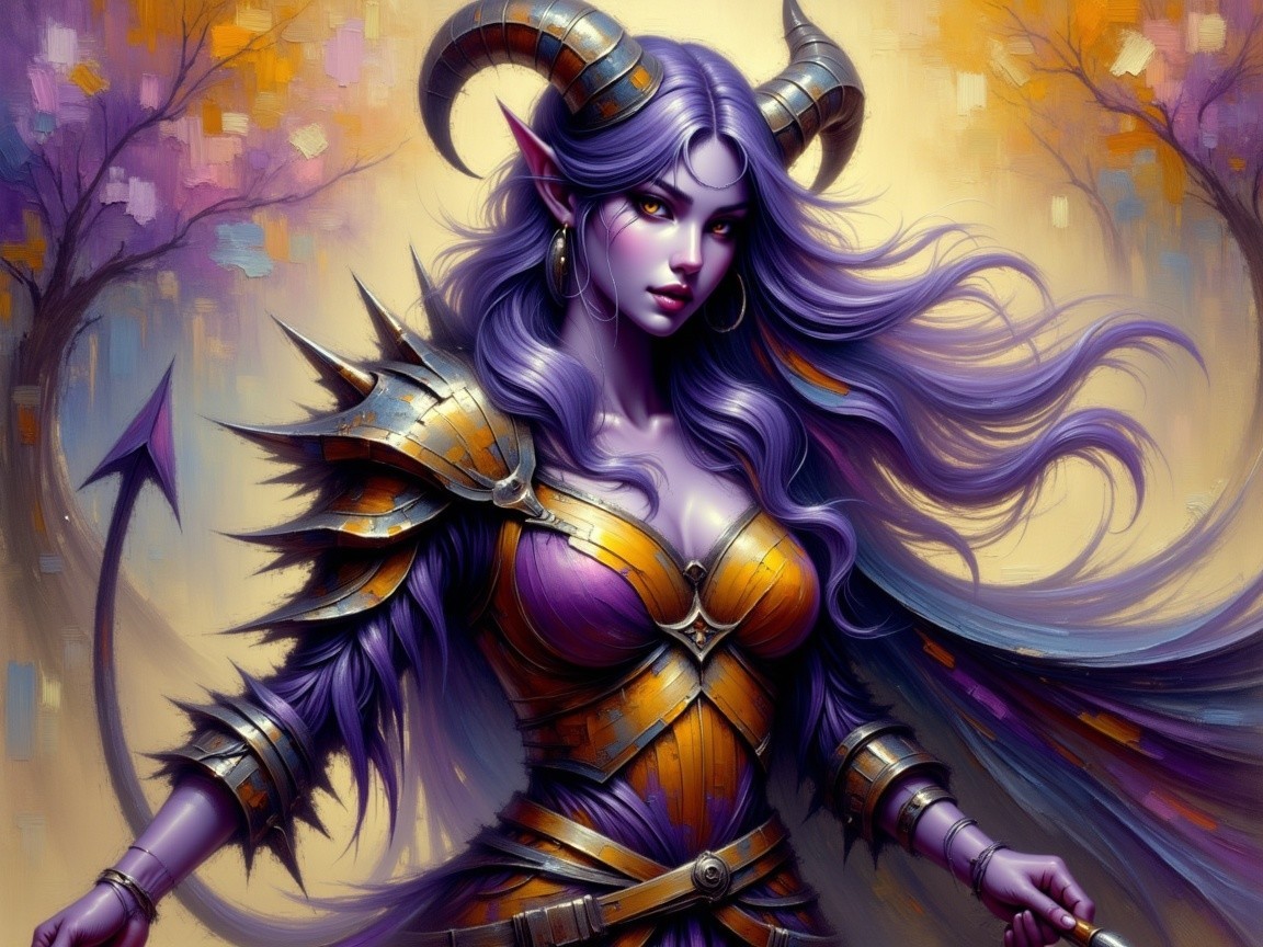 Female figure in ornate armor with purple hair and horns