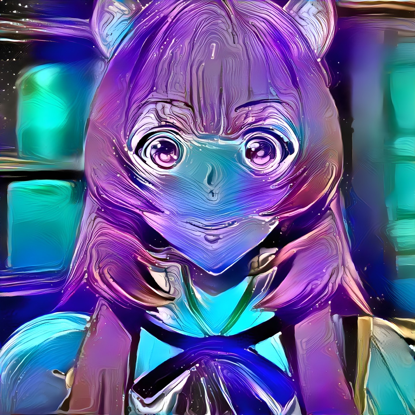 Stylized character with vibrant hair and dreamy background