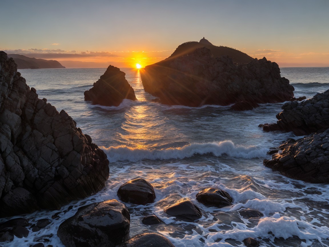 Sunset Over Rocky Coastline with Ocean Waves