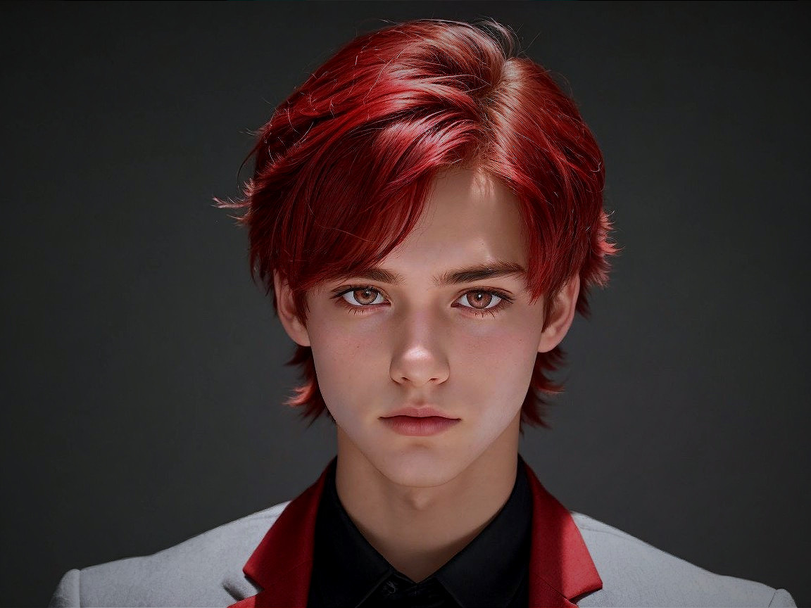 Young person with red hair in tailored suit portrait