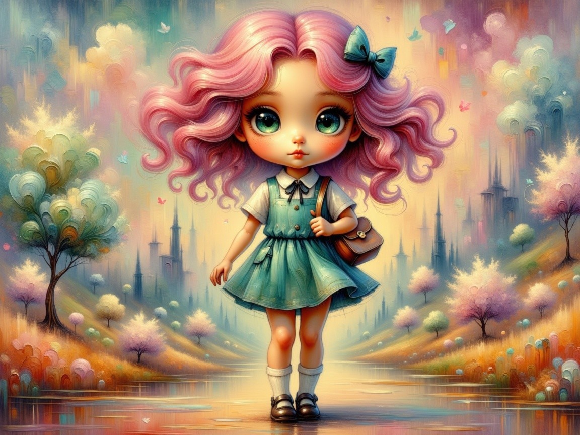 Whimsical Scene of a Girl with Pastel Pink Hair