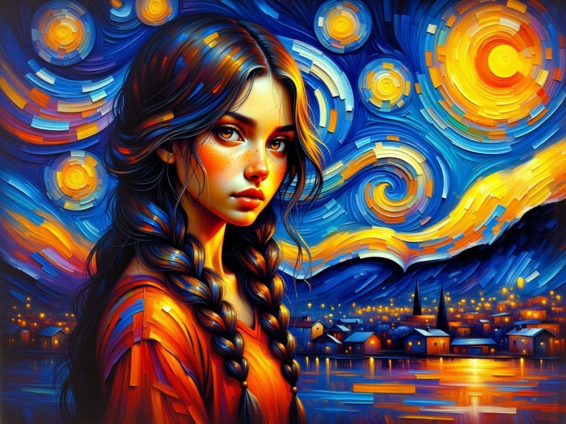Young Woman with Braided Hair in Starry Night Scene