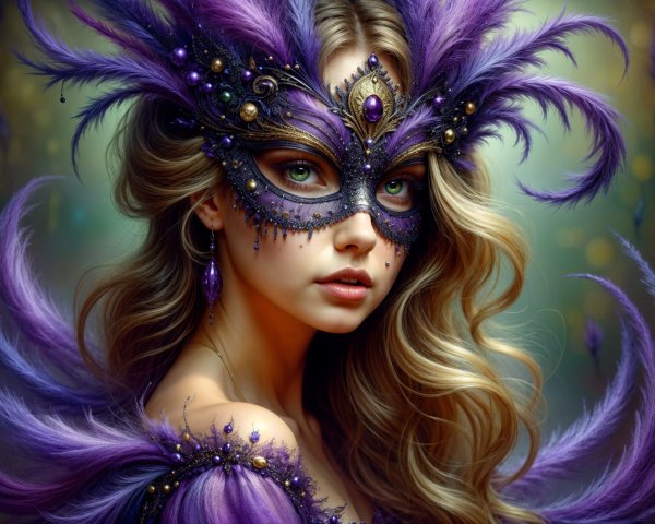 Elaborate Mask with Purple Feathers and Jewels