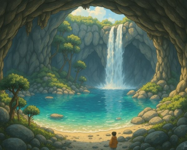 Cave Waterfall Scene with Lush Greenery and Pool