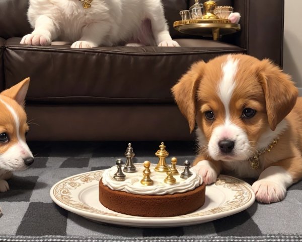 Corgi Puppies Curiously Observe Cake with Chess Pieces