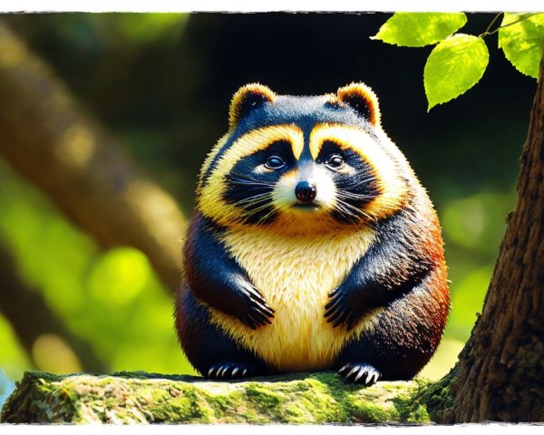 Cartoon Raccoon on Mossy Tree Branch in Sunlight