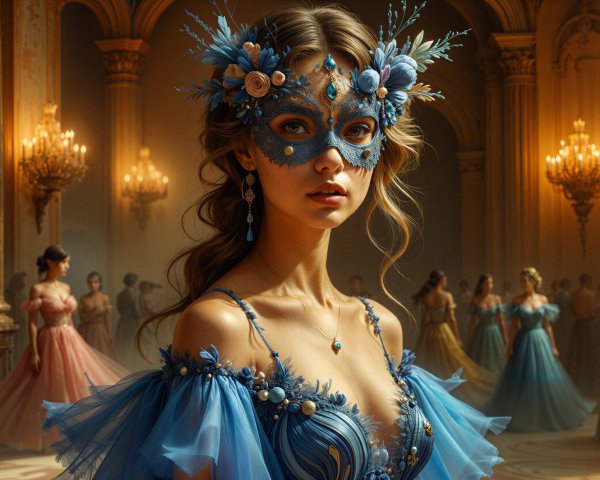 Elegant Ballroom Scene with Young Woman in Blue Gown