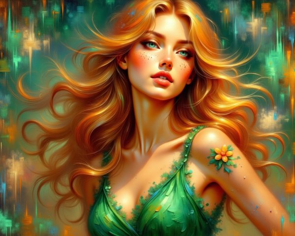 Young woman with red hair in a green dress portrait