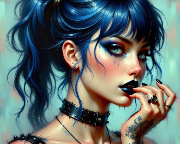Digital Painting of a Female with Blue Hair and Makeup