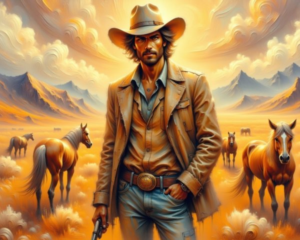 Cowboy in Golden Landscape with Mountains and Horses