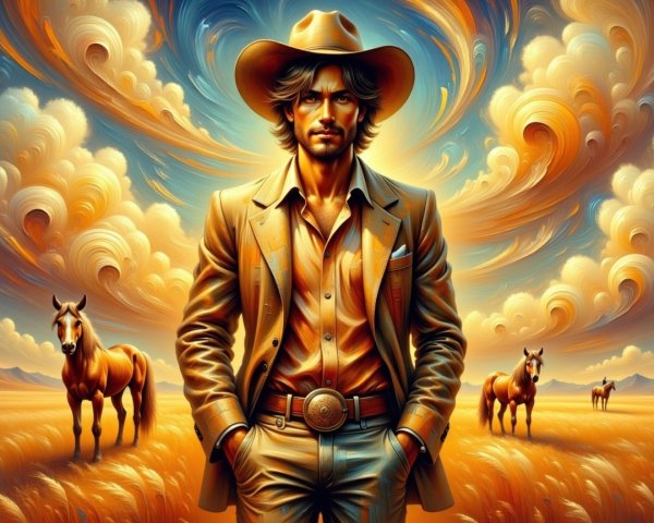 Stylish cowboy in golden landscape with grazing horses