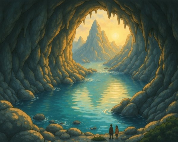Cave Scene with Figures by Calm River and Peaks