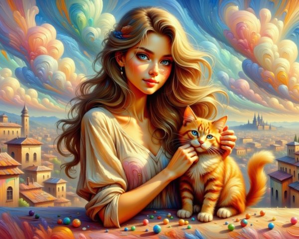 Young woman with cat in vibrant, dreamy setting