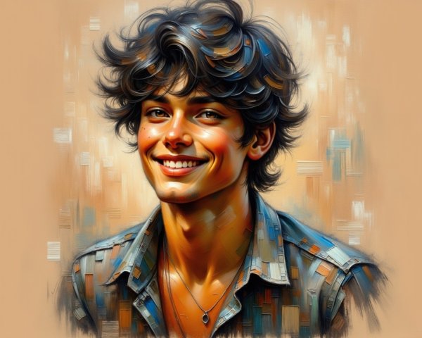 Cheerful young man with bright smile and patterned shirt