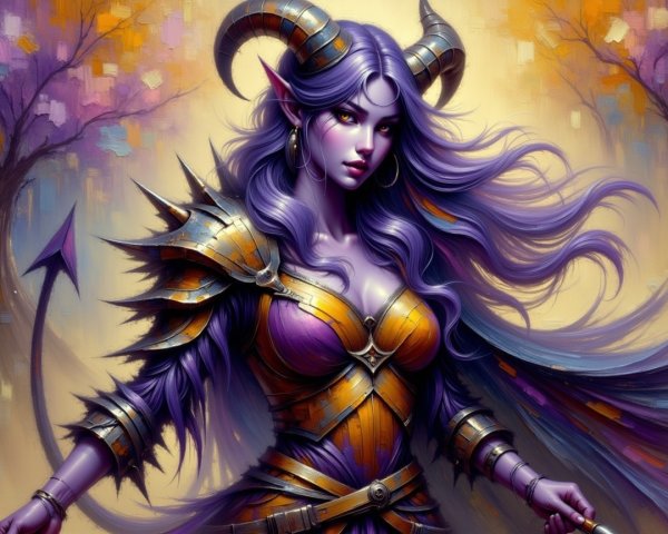 Female figure in ornate armor with purple hair and horns