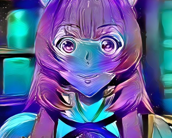 Stylized character with vibrant hair and dreamy background
