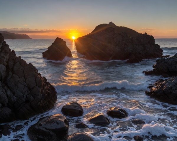 Sunset Over Rocky Coastline with Ocean Waves
