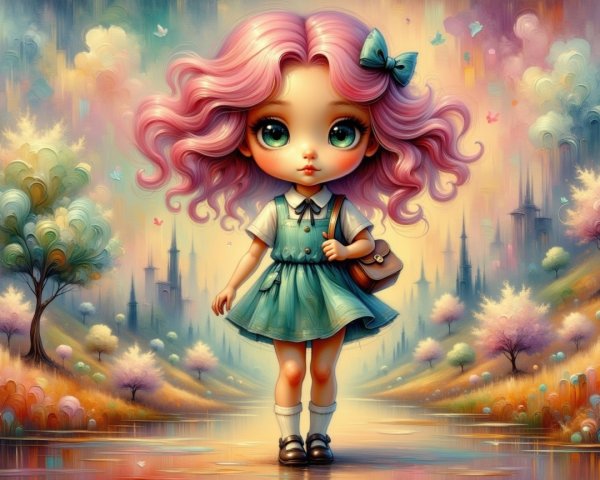 Whimsical Scene of a Girl with Pastel Pink Hair