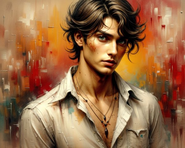 Young man with wavy hair and green eyes in portrait