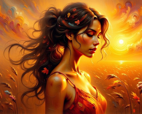 Vibrant Digital Painting of Woman in Autumn Colors