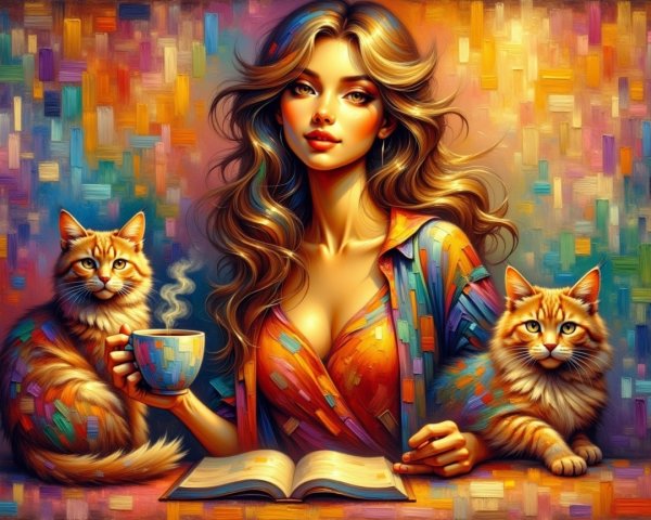 Young woman with cats in a colorful, cozy setting