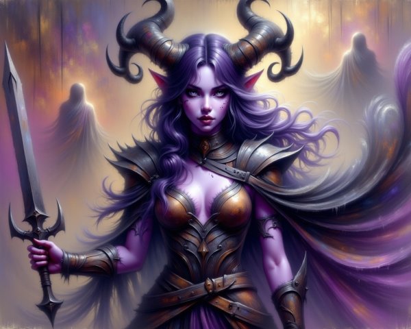 Fierce warrior with purple skin and flowing hair