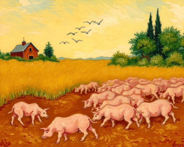 Vibrant Countryside Scene with Pink Pigs and Barn