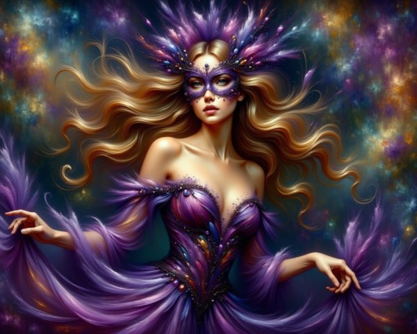 Vibrant Purple Costume with Feather and Gem Accents