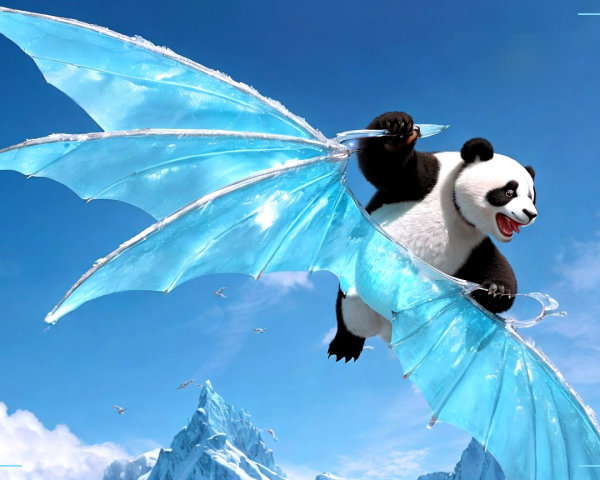 Panda with Ice-Blue Wings Soaring in Blue Sky