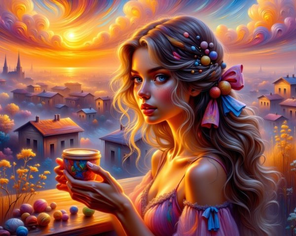 Sunset Scene with Thoughtful Woman and Charming Town
