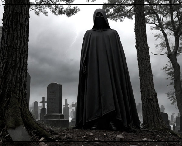 Cloaked Figure in Stormy Graveyard with Tombstones