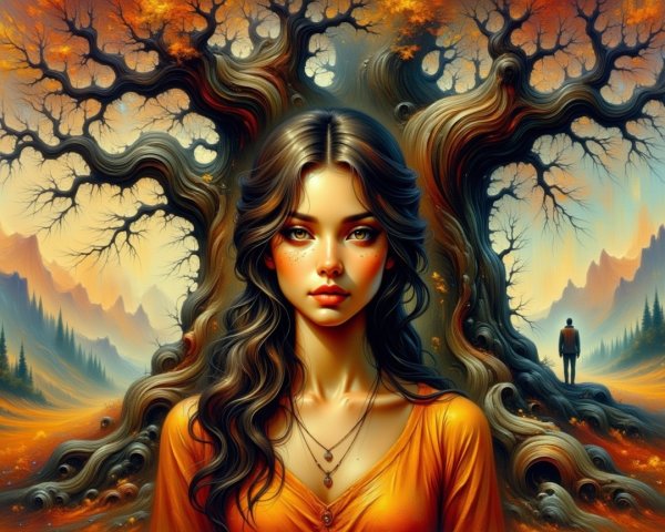 Digital painting of a woman with tree-like hair design