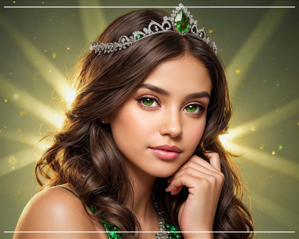 Young Woman in Green Outfit with Tiara and Confidence