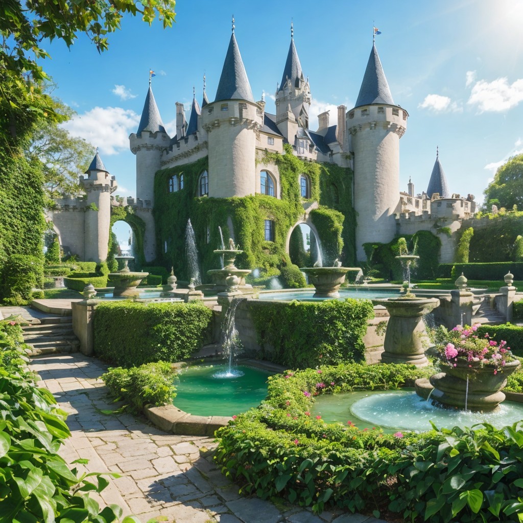 Majestic castle with spires and lush gardens