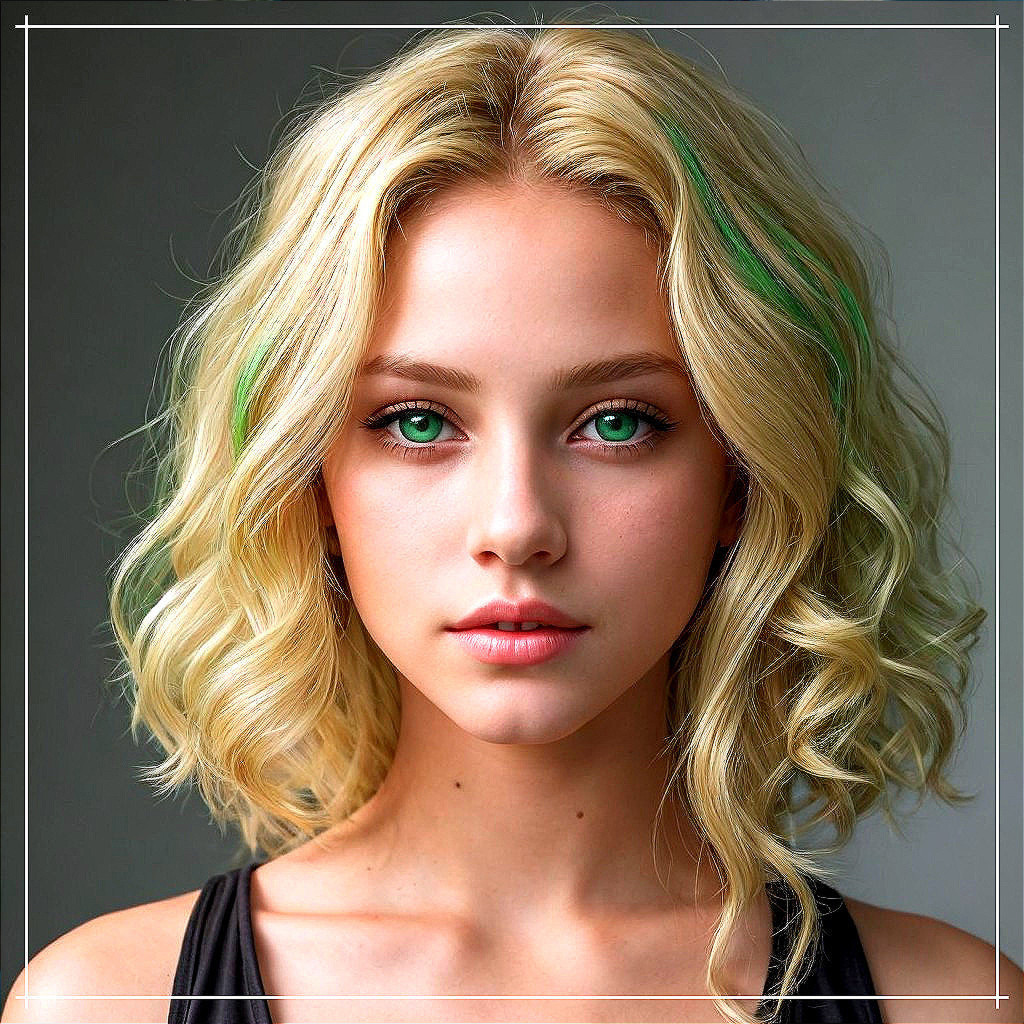 Young Woman with Wavy Blonde Hair and Green Highlights