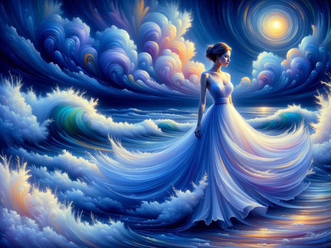 Graceful figure in flowing gown among vibrant waves