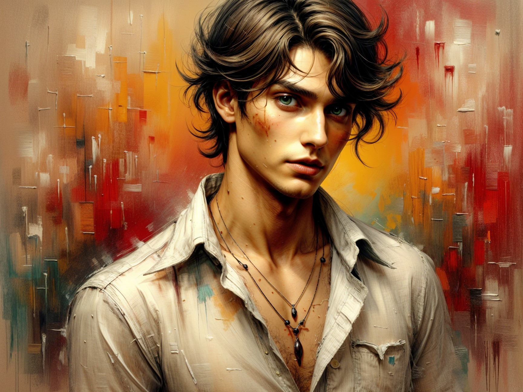 Young man with wavy hair and green eyes in portrait