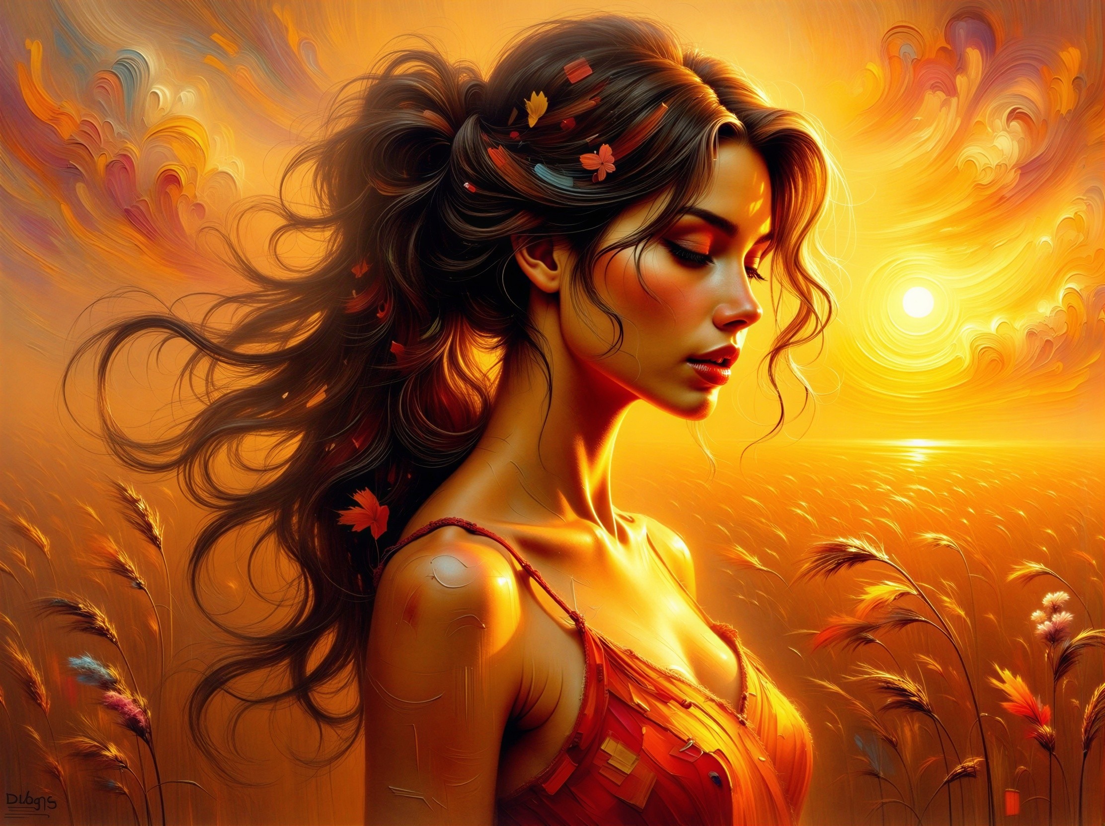Vibrant Digital Painting of Woman in Autumn Colors