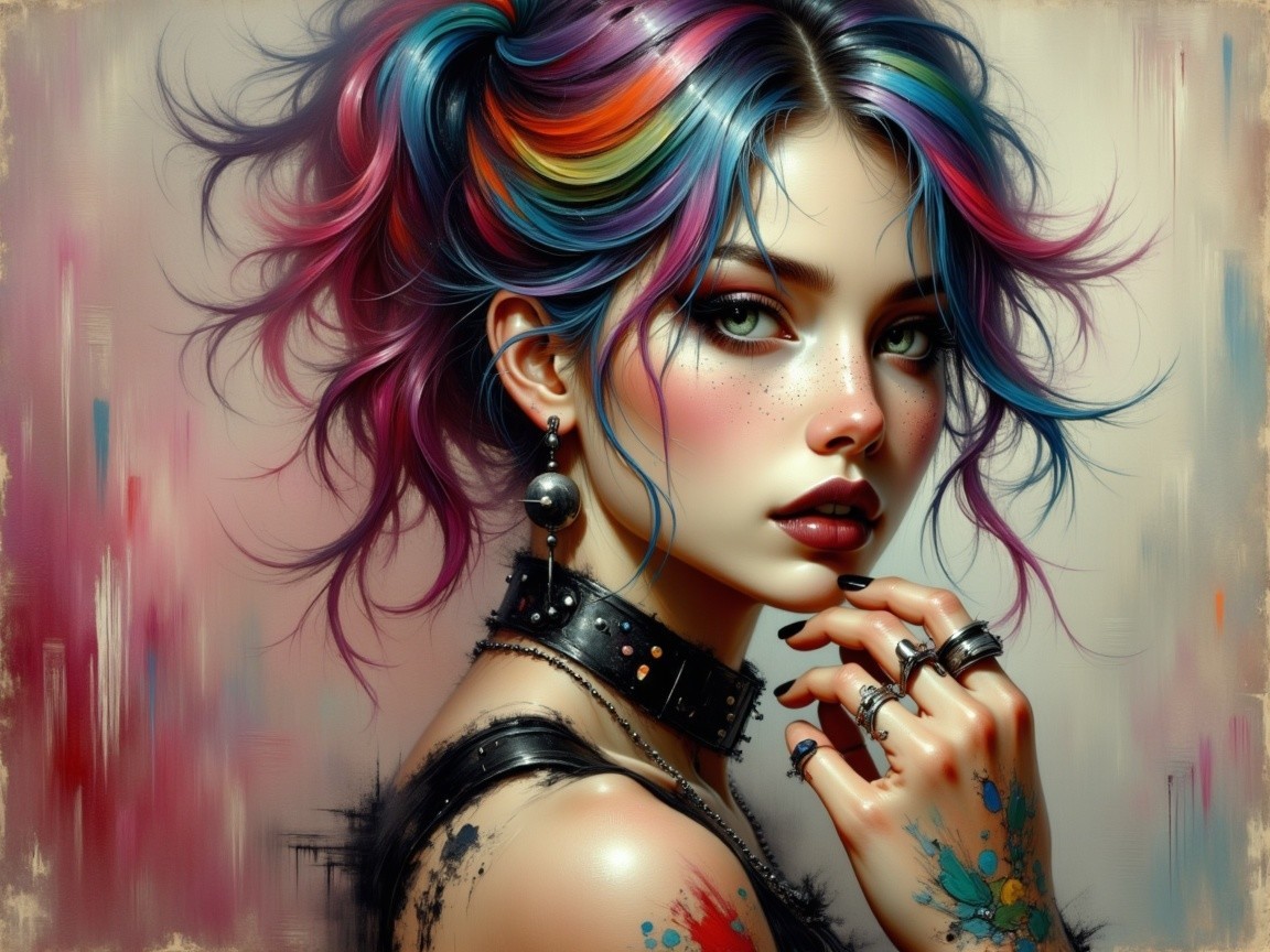 Hyperrealistic Portrait of a Punk Woman with Tattoos