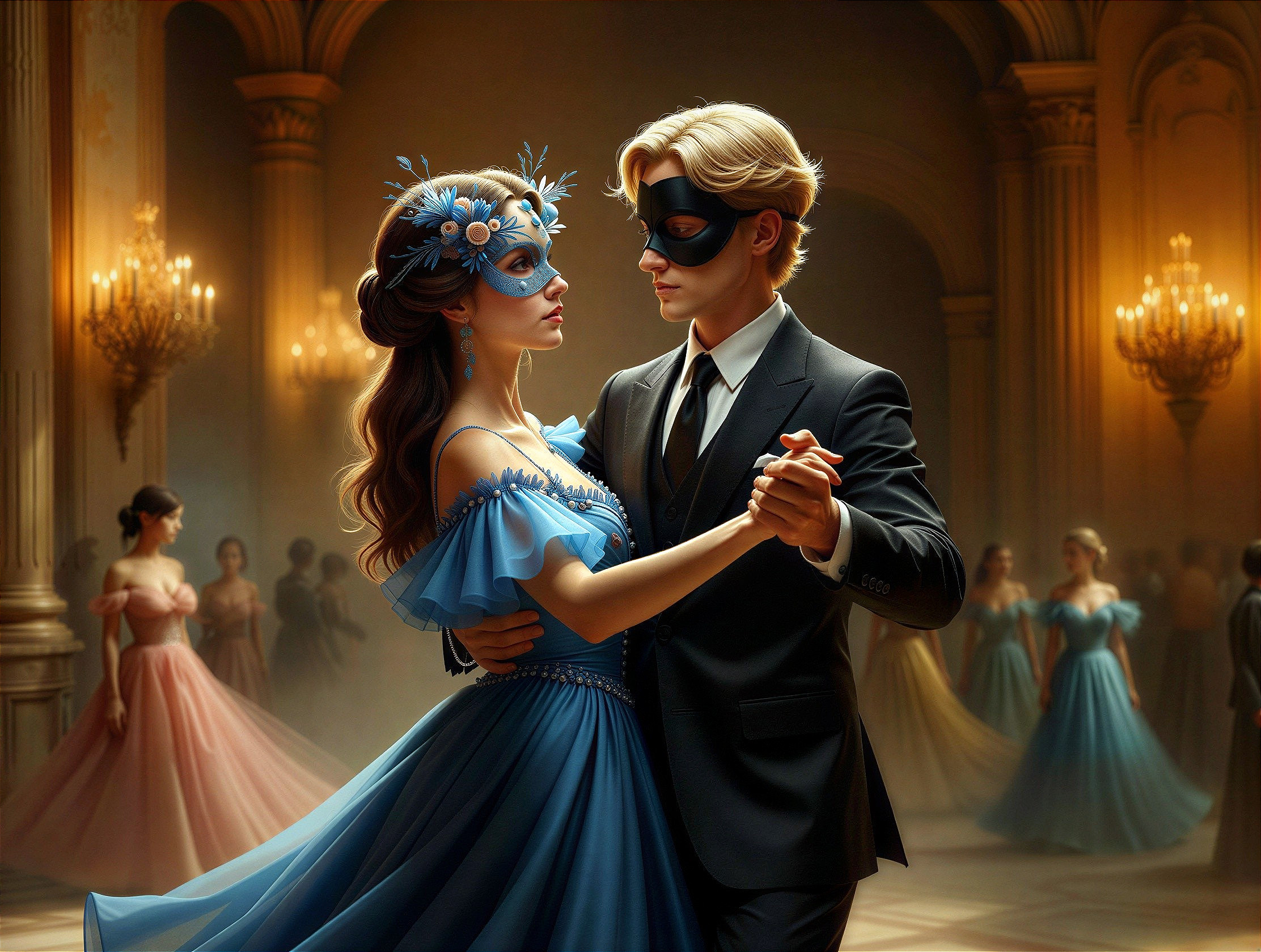 Man in Dark Suit with Woman in Light Blue Dress