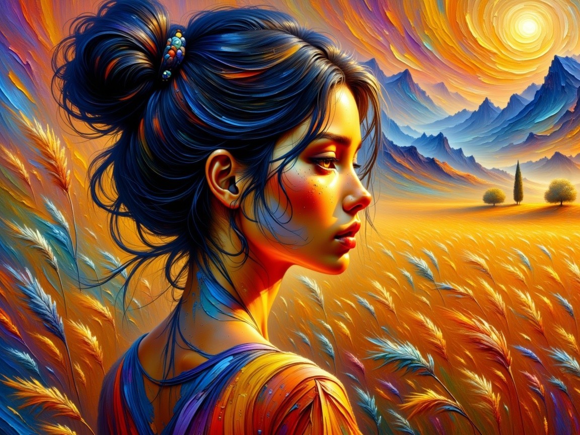 Young Woman in Golden Landscape at Sunset