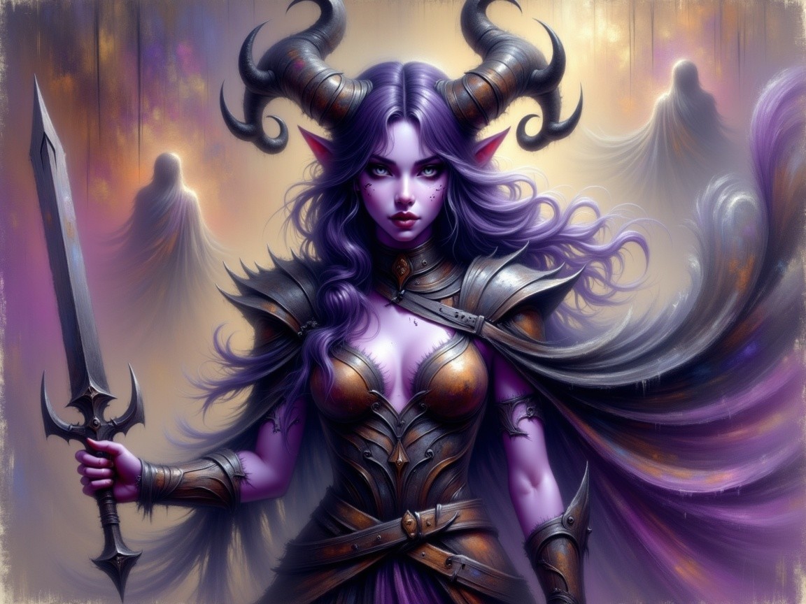 Fierce warrior with purple skin and flowing hair