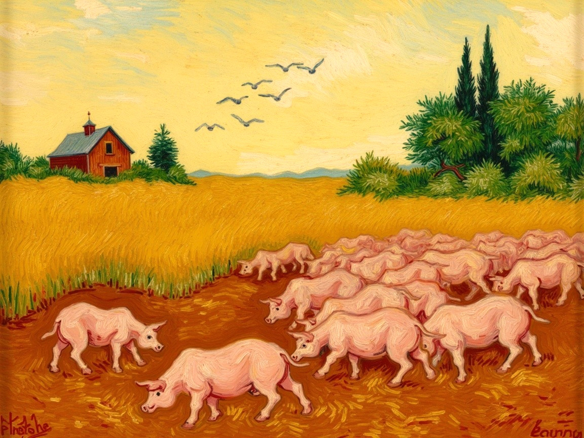 Vibrant Countryside Scene with Pink Pigs and Barn