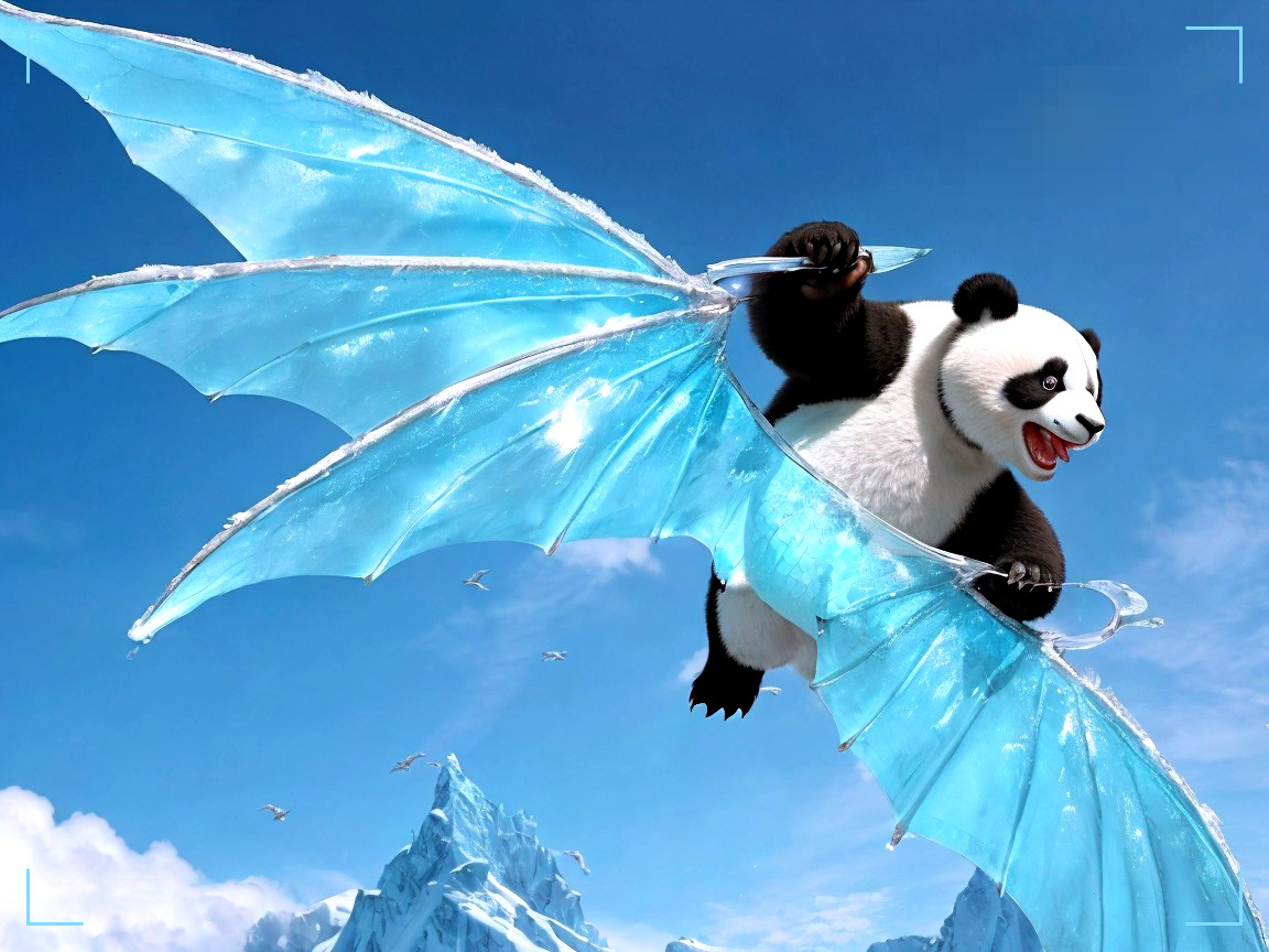 Panda with Ice-Blue Wings Soaring in Blue Sky
